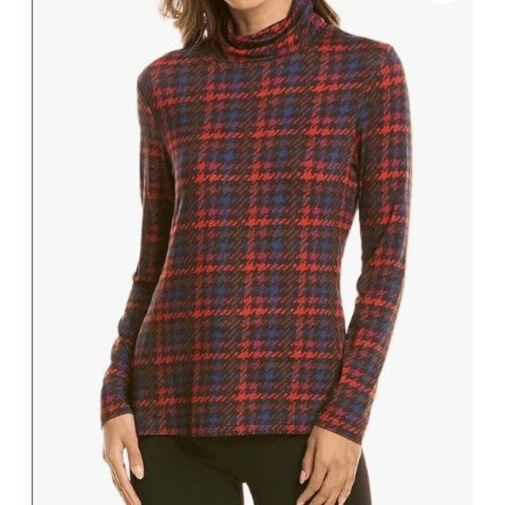 Trina Turk Plaid Turtleneck Stretch Red Black Blue Houndstooth Size Small